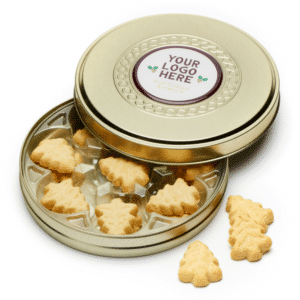 Shallow Gold Treat Tin with Festive Shortbread Biscuits
